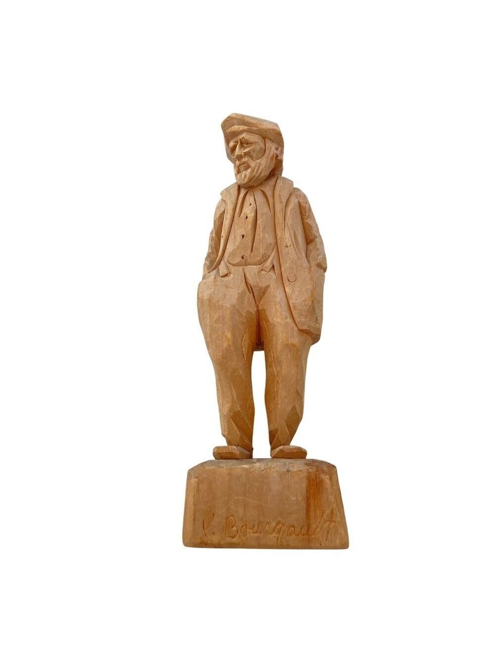 V. Bourgault Quebec art Hand-Carved Wooden Sculpture Old Bearded fisherMan In Tr